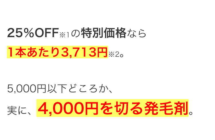 25%OFF※1の特別価格なら
1本あたり3,713円※2。
5,000円以下どころか、
実に、 4,000円を切る発毛剤。