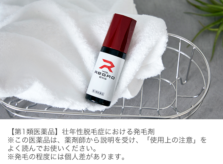 【第1類医薬品】壮年性脱毛症における発毛剤
※この医薬品は、薬剤師からの説明を受け、「使用上の注意」を
　よく読んでお使いください。
※発毛の程度には個人差があります。